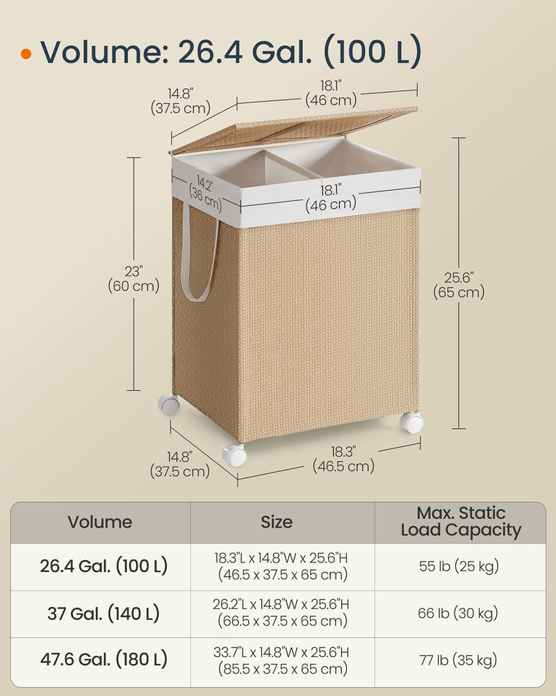 100L Laundry Basket with 2 Compartments in Natural Beige and Matte White by Songmics Home