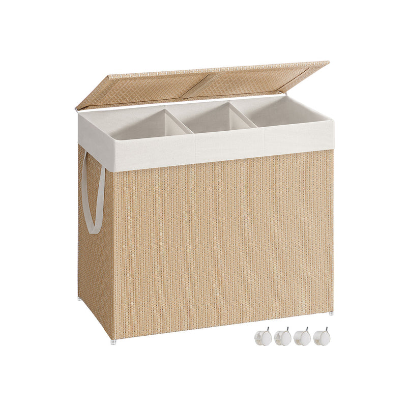 Large 3 Compartment Laundry Basket 140L Natural Beige and White for Sorting by Songmics Home