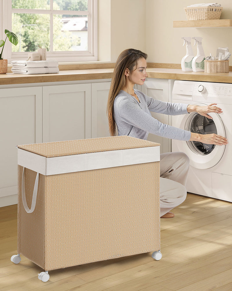 Large 3 Compartment Laundry Basket 140L Natural Beige and White for Sorting by Songmics Home