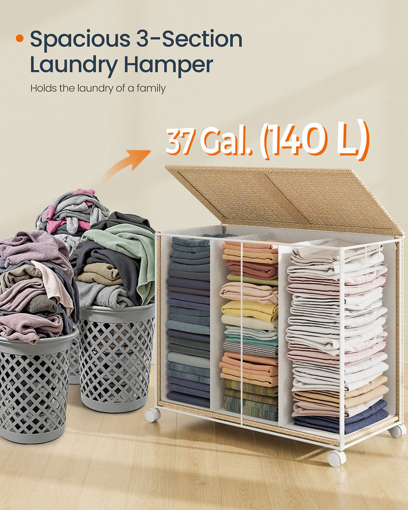 Large 3 Compartment Laundry Basket 140L Natural Beige and White for Sorting by Songmics Home