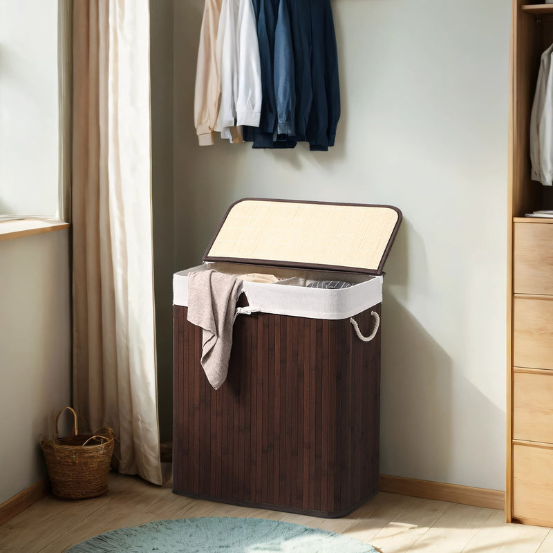 Bamboo Laundry Basket with Two Compartments and Removable Liner Bag by Songmics