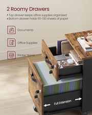 Rustic Brown and Black Lockable Rolling Filing Cabinet with 2 Drawers by Songmics