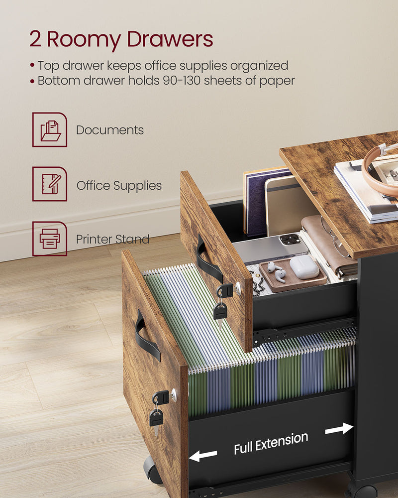 Rustic Brown and Black Lockable Rolling Filing Cabinet with 2 Drawers by Songmics