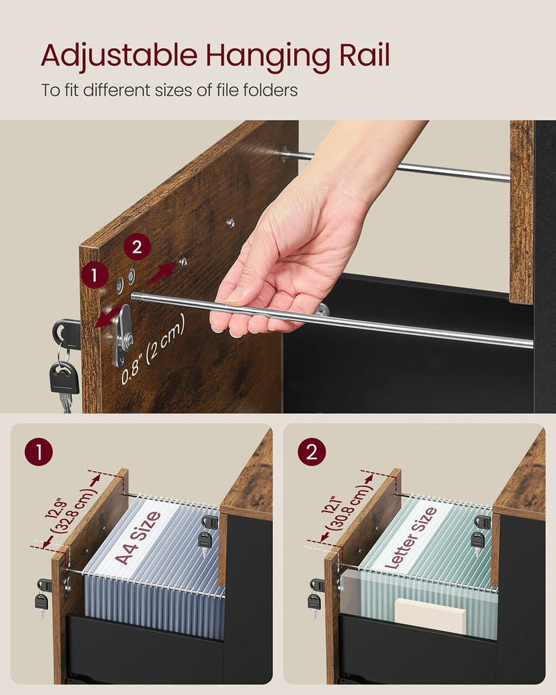 Rustic Brown and Black Lockable Rolling Filing Cabinet with 2 Drawers by Songmics