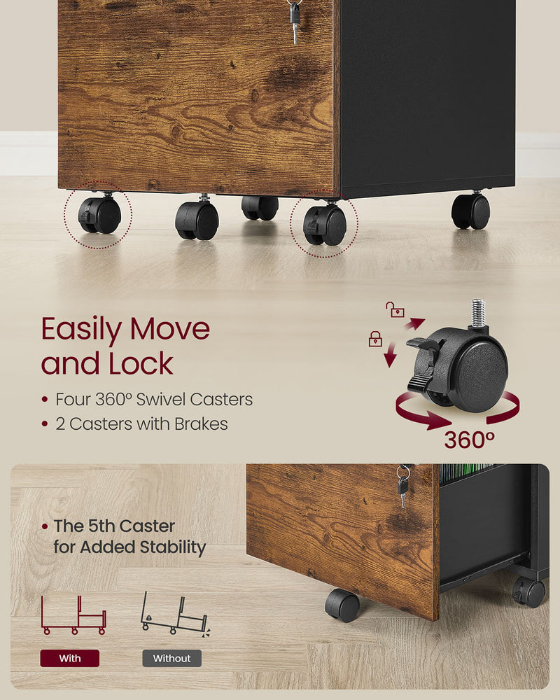 Rustic Brown and Black Lockable Rolling Filing Cabinet with 2 Drawers by Songmics