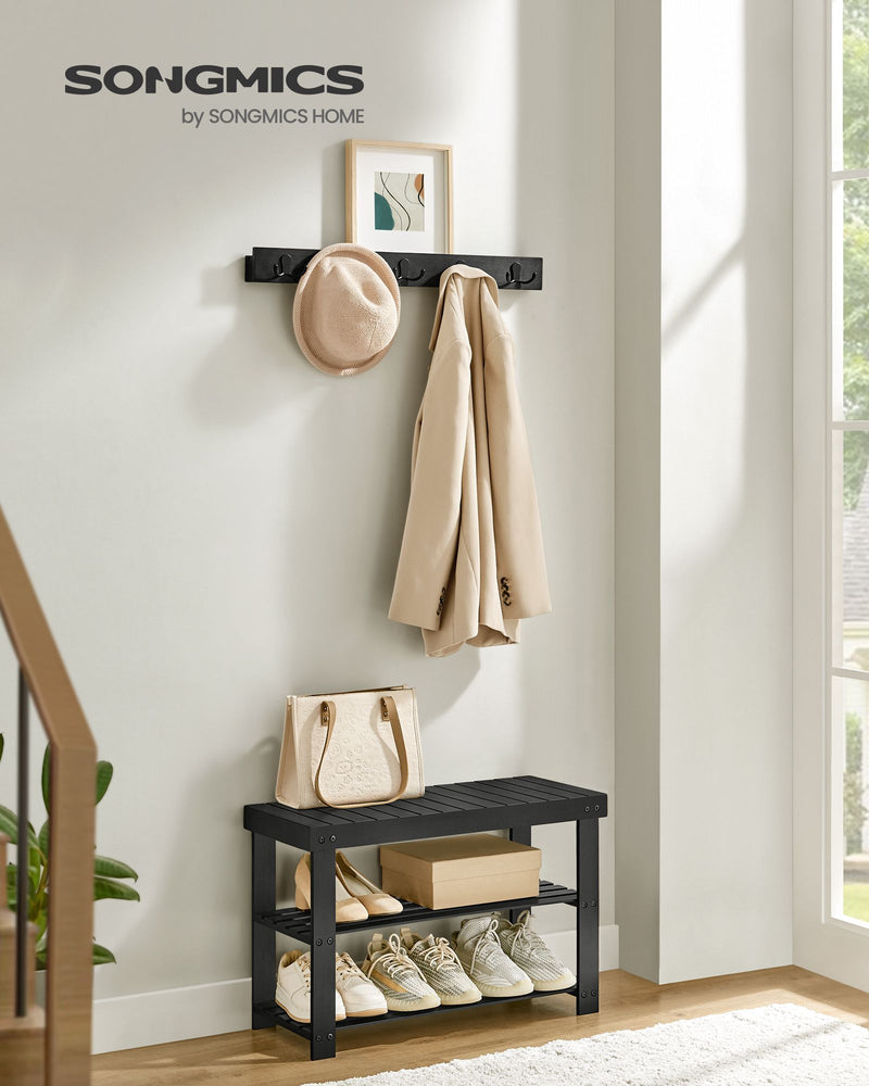 Black Coat Rack and Three Tier Bamboo Shoe Bench Set for Hallway or Entryway by Songmics