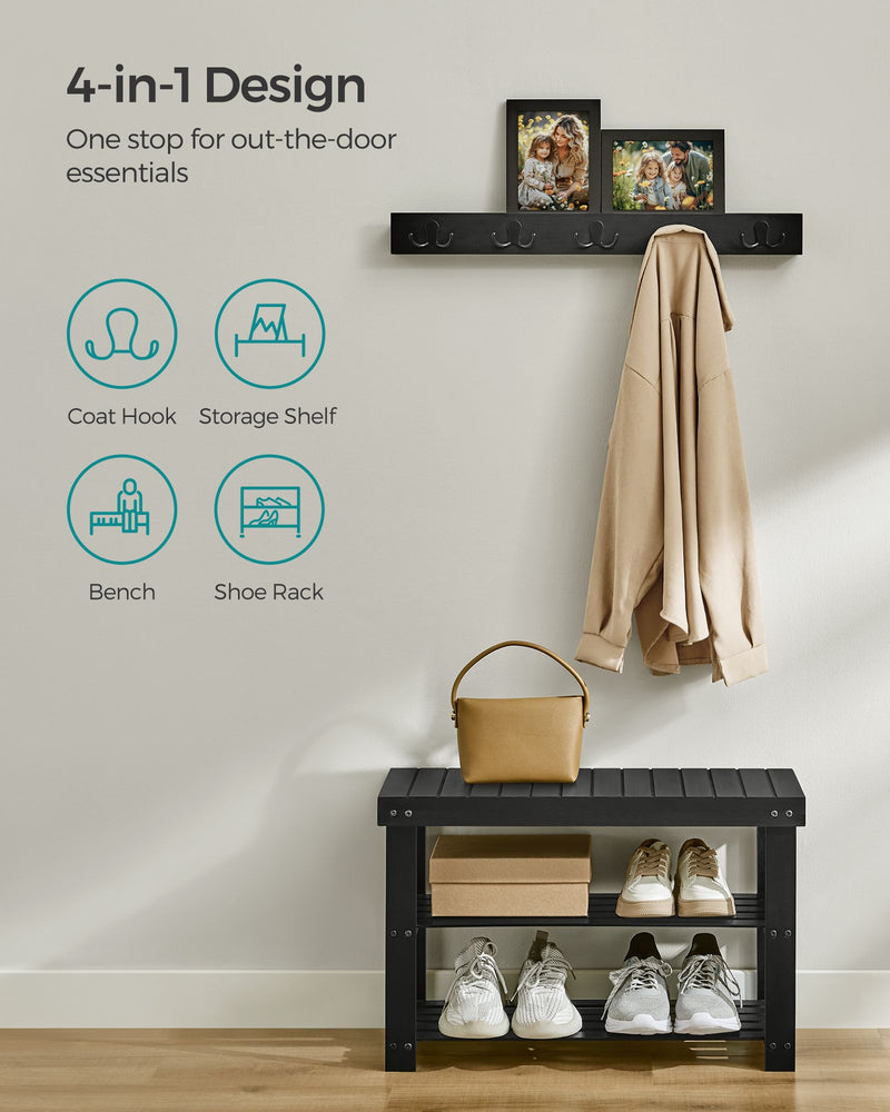 Black Coat Rack and Three Tier Bamboo Shoe Bench Set for Hallway or Entryway by Songmics