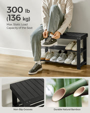 Black Coat Rack and Three Tier Bamboo Shoe Bench Set for Hallway or Entryway by Songmics