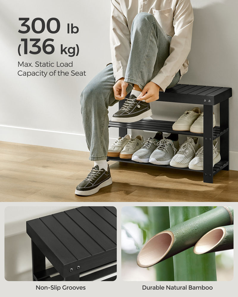 Black Coat Rack and Three Tier Bamboo Shoe Bench Set for Hallway or Entryway by Songmics
