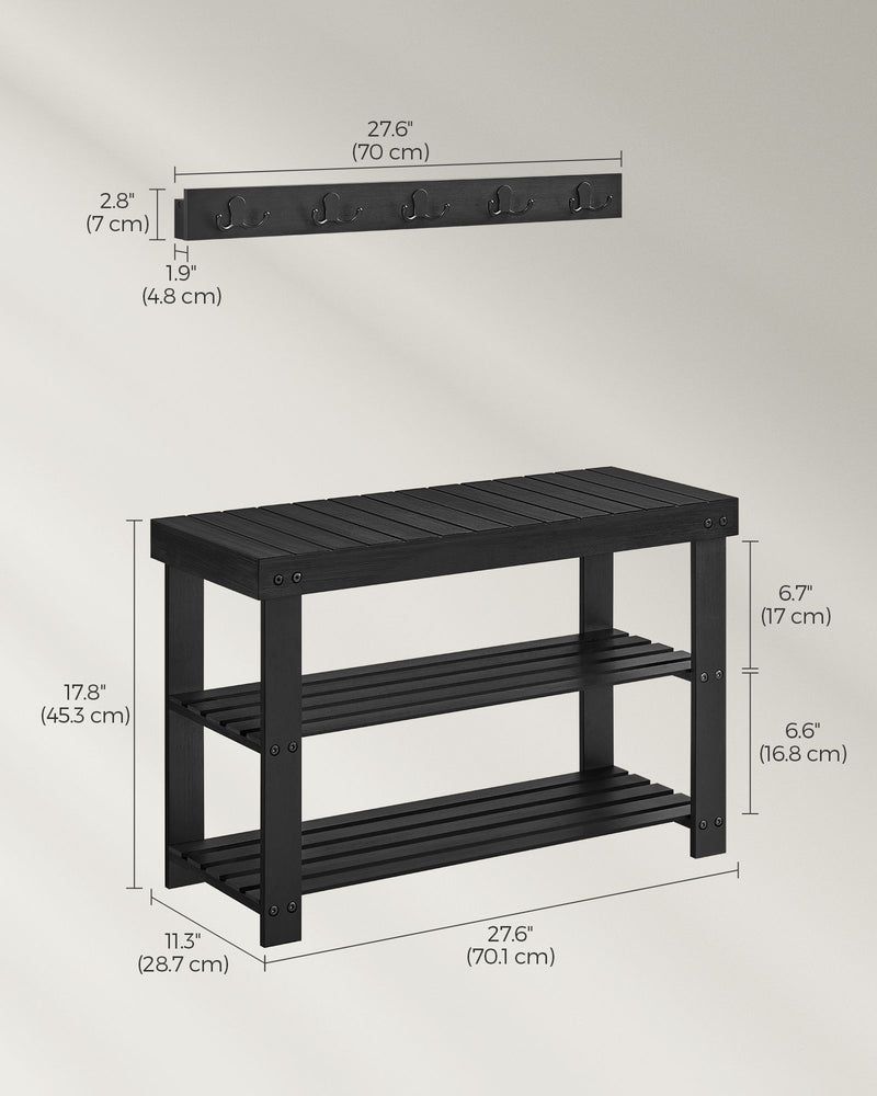 Black Coat Rack and Three Tier Bamboo Shoe Bench Set for Hallway or Entryway by Songmics