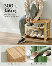 Natural Bamboo Coat Rack and 3 Tier Shoe Bench Set for Hallway Storage by Songmics