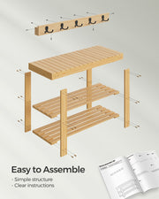 Natural Bamboo Coat Rack and 3 Tier Shoe Bench Set for Hallway Storage by Songmics