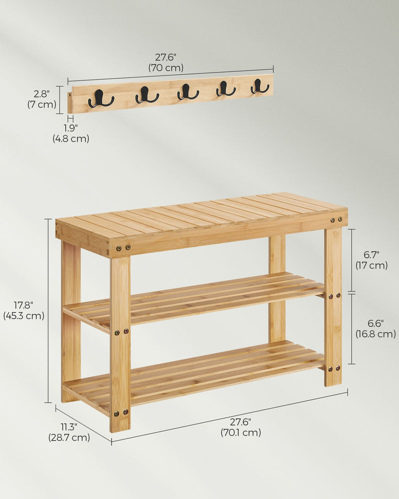 Natural Bamboo Coat Rack and 3 Tier Shoe Bench Set for Hallway Storage by Songmics