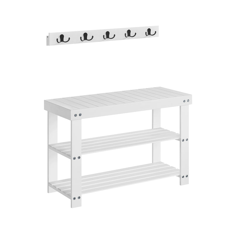White Coat Rack and Three Tier Bamboo Shoe Bench Set for Hallway Storage by Songmics