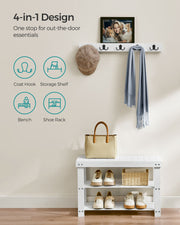White Coat Rack and Three Tier Bamboo Shoe Bench Set for Hallway Storage by Songmics