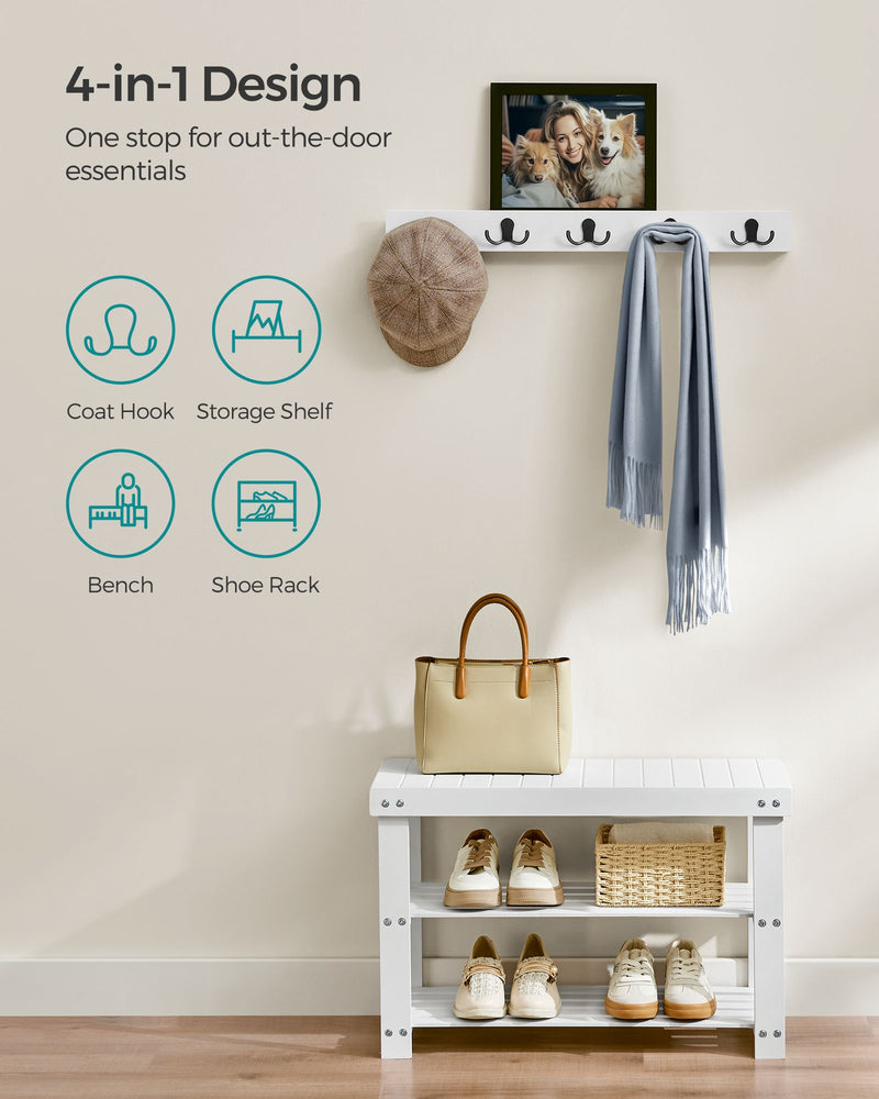 White Coat Rack and Three Tier Bamboo Shoe Bench Set for Hallway Storage by Songmics
