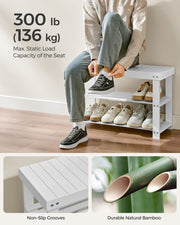 White Coat Rack and Three Tier Bamboo Shoe Bench Set for Hallway Storage by Songmics