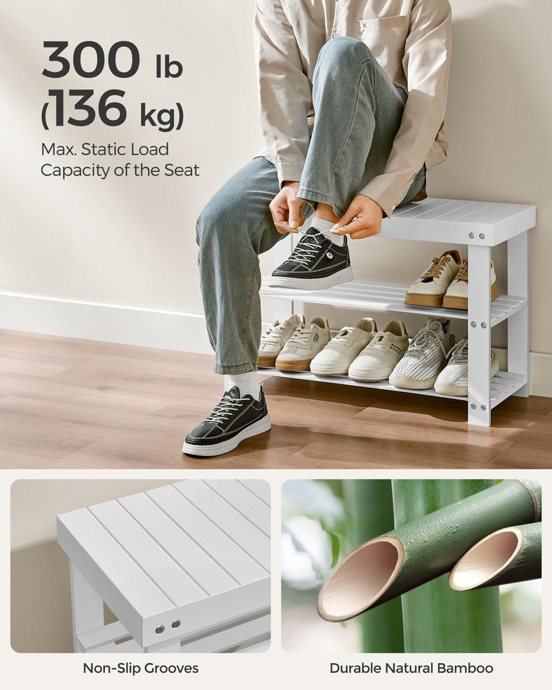 White Coat Rack and Three Tier Bamboo Shoe Bench Set for Hallway Storage by Songmics