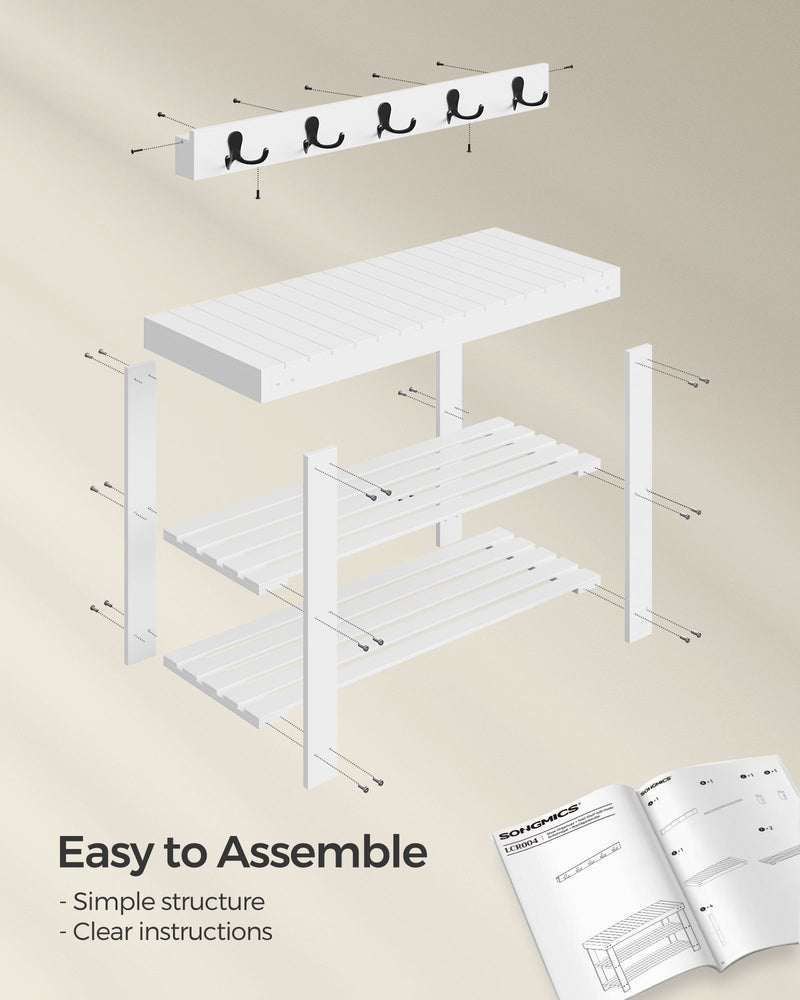 White Coat Rack and Three Tier Bamboo Shoe Bench Set for Hallway Storage by Songmics