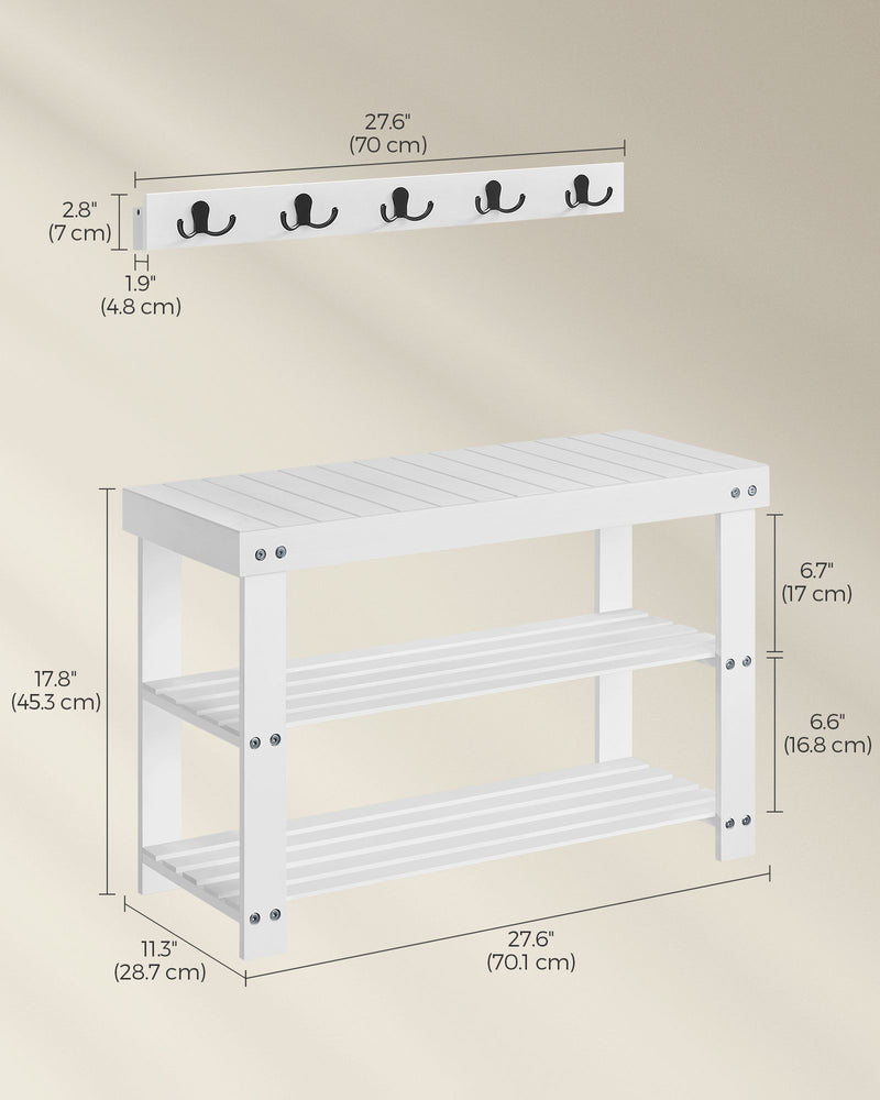 White Coat Rack and Three Tier Bamboo Shoe Bench Set for Hallway Storage by Songmics