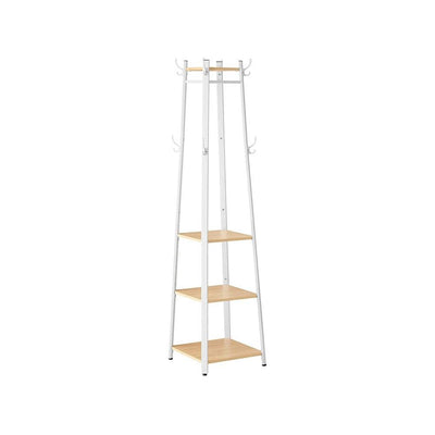 Vasagle Pyramid Shape Coat Stand With Shelves, White Metal Frame With Oak Shelves and Accents