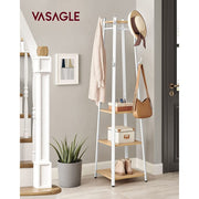 Vasagle Pyramid Shape Coat Stand With Shelves, White Metal Frame With Oak Shelves and Accents