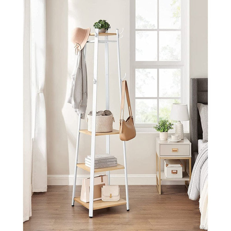 Vasagle Pyramid Shape Coat Stand With Shelves, White Metal Frame With Oak Shelves and Accents