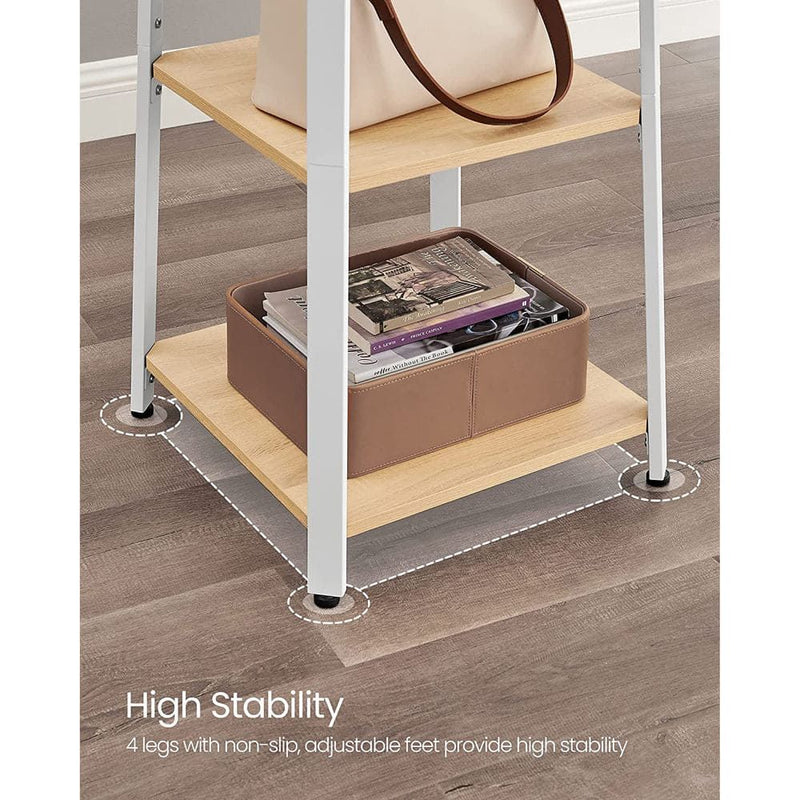 Vasagle Pyramid Shape Coat Stand With Shelves, White Metal Frame With Oak Shelves and Accents