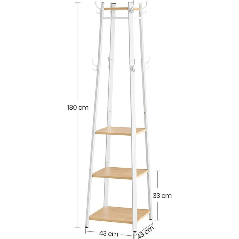 Vasagle Pyramid Shape Coat Stand With Shelves, White Metal Frame With Oak Shelves and Accents