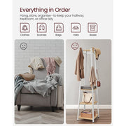 Vasagle Pyramid Shape Coat Stand With Shelves, White Metal Frame With Oak Shelves and Accents