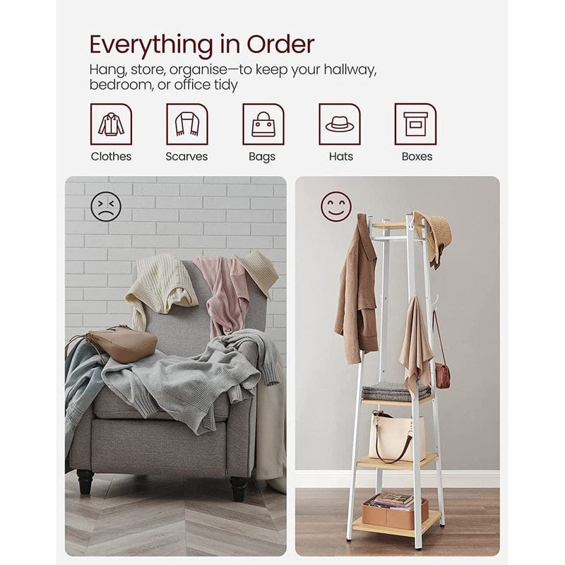 Vasagle Pyramid Shape Coat Stand With Shelves, White Metal Frame With Oak Shelves and Accents