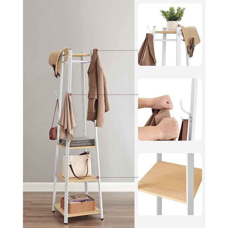 Vasagle Pyramid Shape Coat Stand With Shelves, White Metal Frame With Oak Shelves and Accents