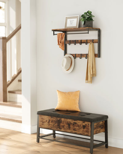 Rustic Brown Wall Mounted Coat Rack with Shelf and 10 Hooks for Entryway Storage by Vasagle