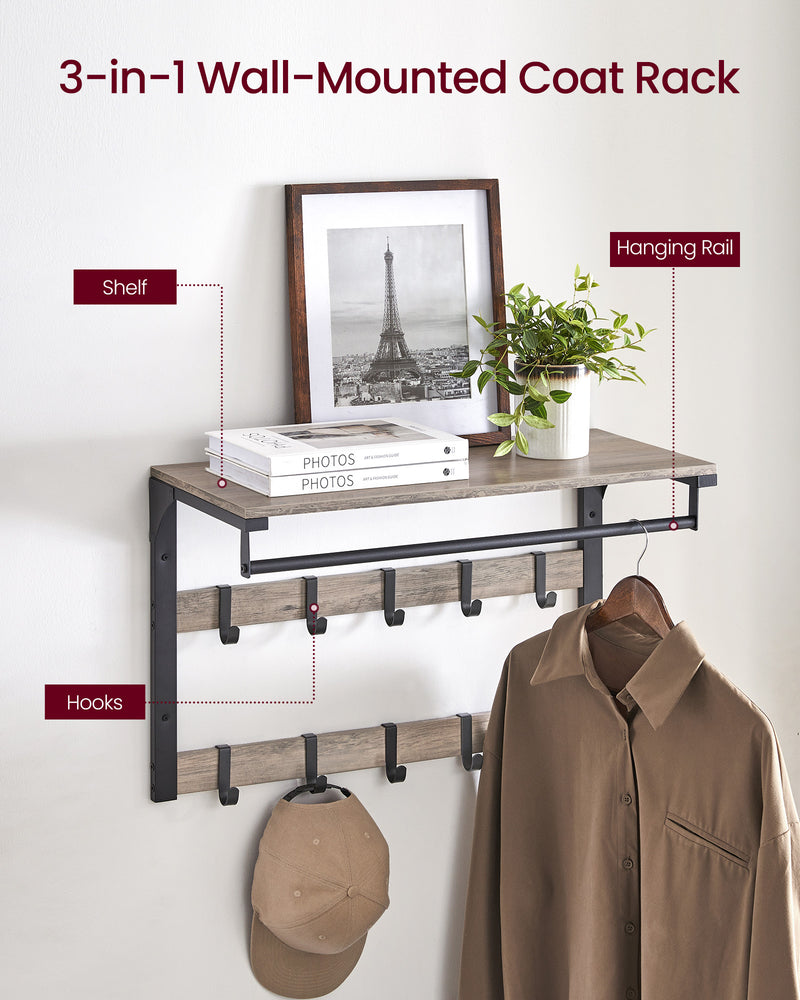 Wall Mounted Coat Rack with 10 Double Hooks in Greige and Black Finish by Vasagle