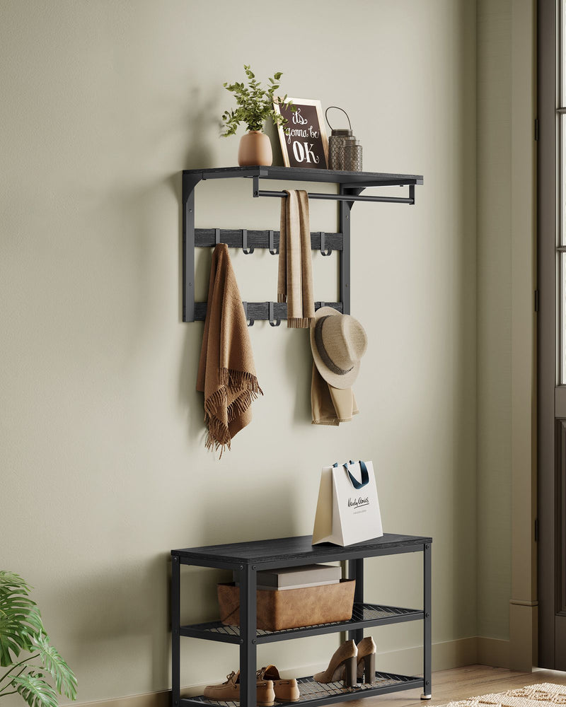 Wall Mounted Coat Rack with 10 Hooks in Charcoal Grey and Black for Hallway by Vasagle