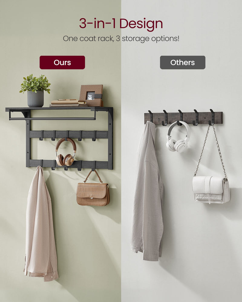 Wall Mounted Coat Rack with 10 Hooks in Charcoal Grey and Black for Hallway by Vasagle