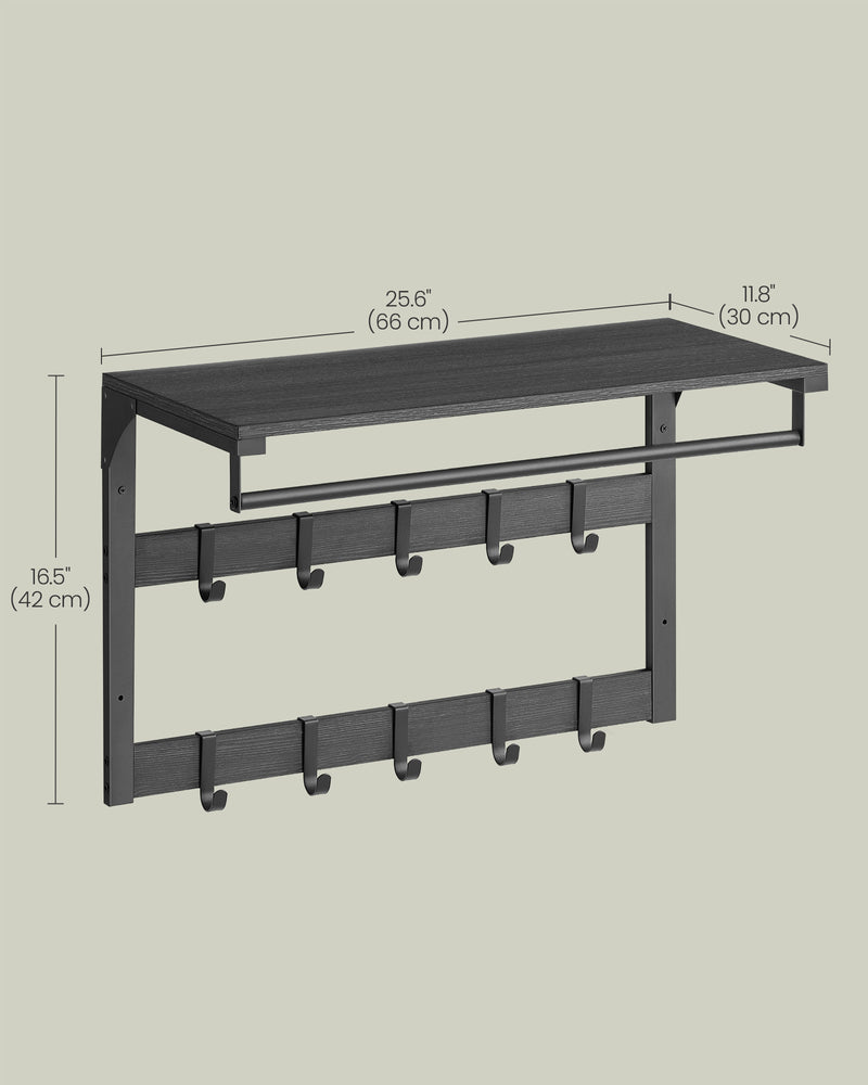Wall Mounted Coat Rack with 10 Hooks in Charcoal Grey and Black for Hallway by Vasagle