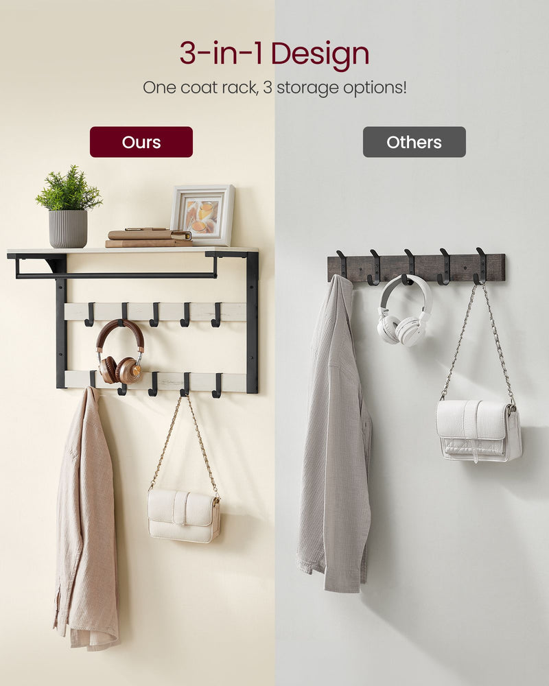 Wall Mounted Coat Rack with 10 Hooks Rustic White and Black Finish by Vasagle
