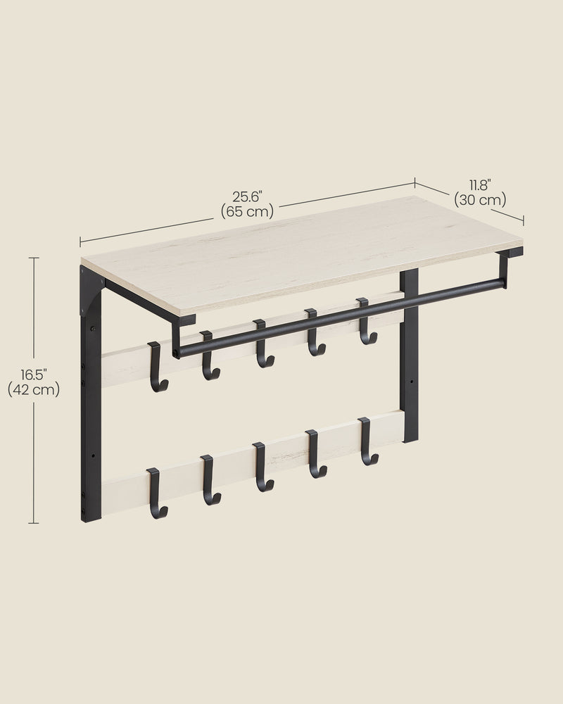 Wall Mounted Coat Rack with 10 Hooks Rustic White and Black Finish by Vasagle