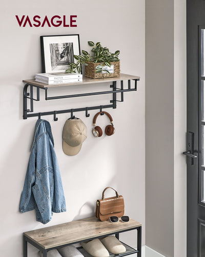 Wall Mounted Coat Rack with 5 Hooks in Greige and Black for Entryway Storage by Vasagle
