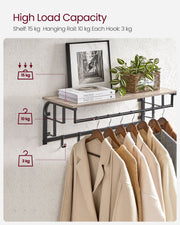 Wall Mounted Coat Rack with 5 Hooks in Greige and Black for Entryway Storage by Vasagle