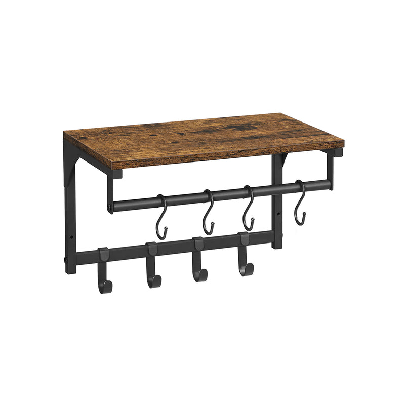 Rustic Wall Coat Rack with 8 Hooks and Storage Shelf in Brown and Black by Vasagle