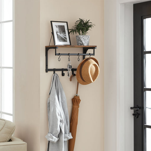 Rustic Wall Coat Rack with 8 Hooks and Storage Shelf in Brown and Black by Vasagle