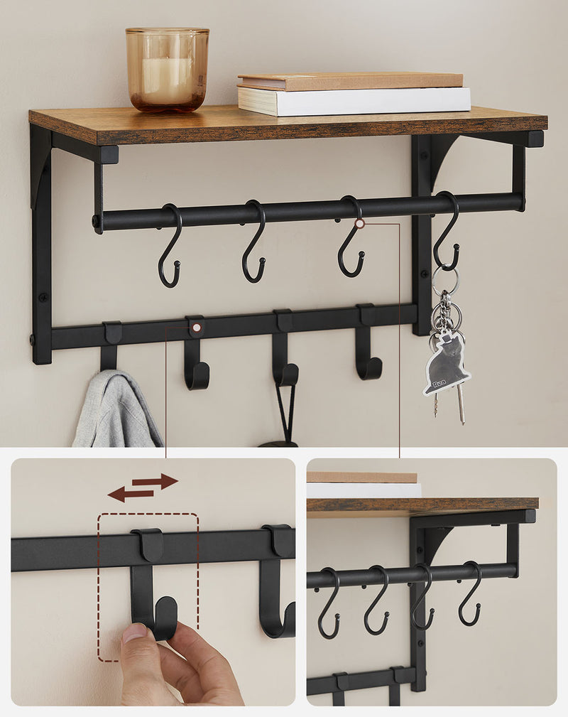 Rustic Wall Coat Rack with 8 Hooks and Storage Shelf in Brown and Black by Vasagle