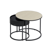 Set of 2 Round Side Tables in Natural Beige and Black for Living Room by Vasagle