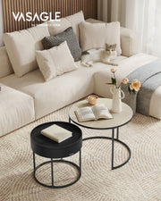 Set of 2 Round Side Tables in Natural Beige and Black for Living Room by Vasagle
