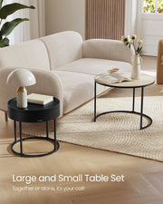 Set of 2 Round Side Tables in Natural Beige and Black for Living Room by Vasagle