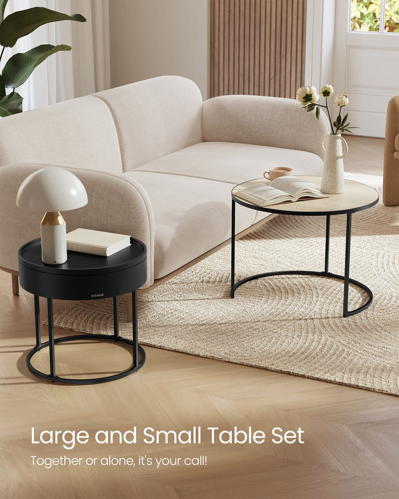 Set of 2 Round Side Tables in Natural Beige and Black for Living Room by Vasagle