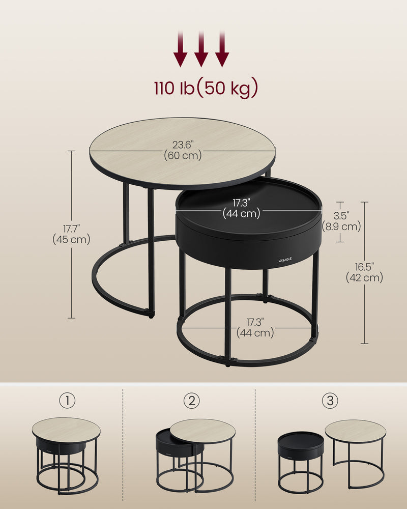 Set of 2 Round Side Tables in Natural Beige and Black for Living Room by Vasagle