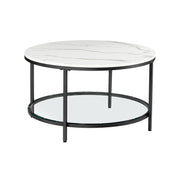 Round White Faux Marble Coffee Table with Black Metal Frame for Living Room by Vasagle